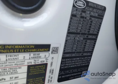 2020 Land Rover Range Rover Velar P250 R-Dynamic S from USA, damaged, VIN SALYK2EX6LA239381